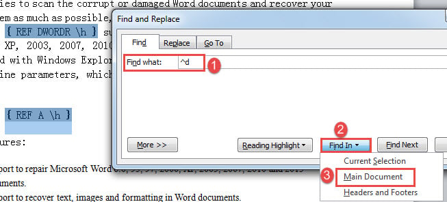 Enter "^d" in "Find what" box->Click "Find In"->Choose "Main Document"